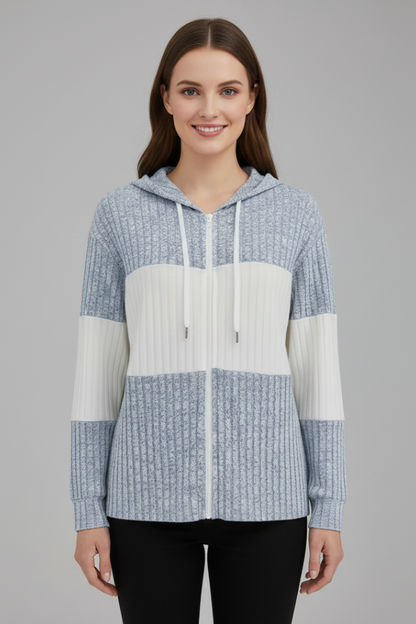 Women’s Hooded Jacket with Zipper and Ribbed Panels