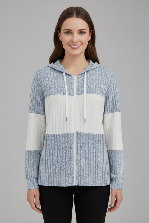Women’s Hooded Jacket with Zipper and Ribbed Panels
