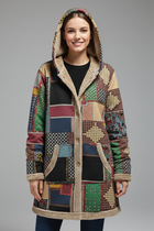 Women’s Hooded Overcoat with Zip and Patchwork Surface