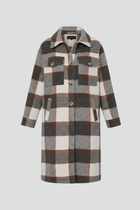 Women’s Long Coat with Button Front and Checked Woven Surface