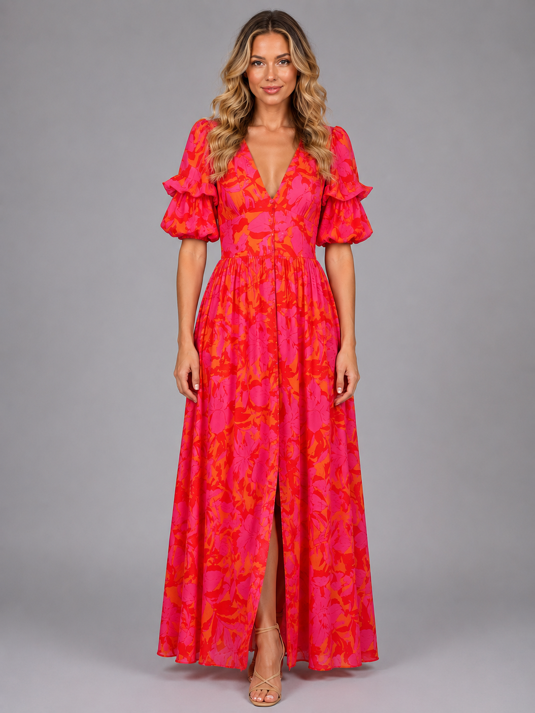 Floral Puff Sleeve Maxi Dress Summer Women