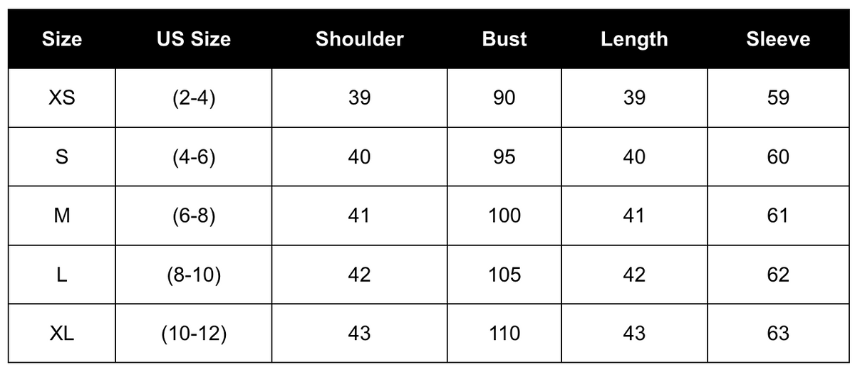 Measurements in centimeters (CM)