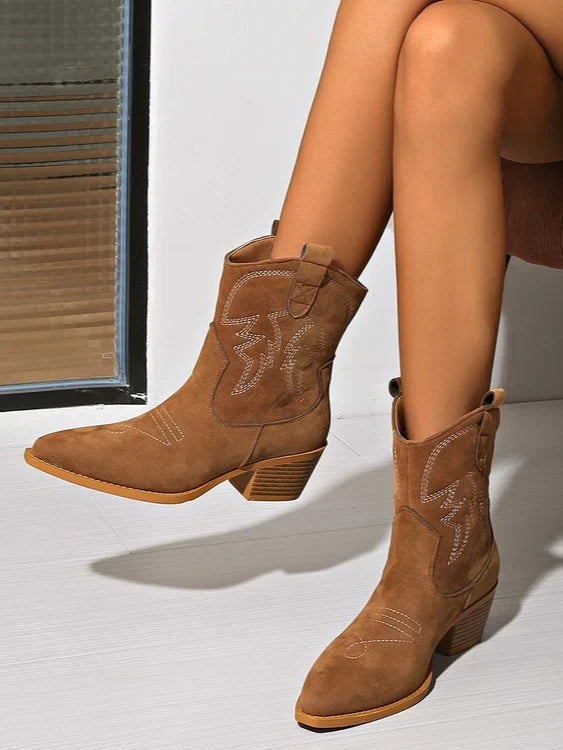 Ophelia | Pointed Toe Embroidered Mid Calf Boots