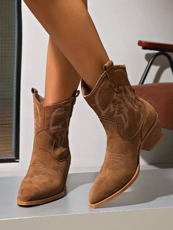 Ophelia | Pointed Toe Embroidered Mid Calf Boots
