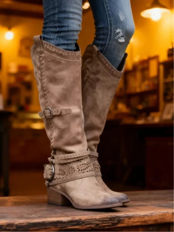 Anouk | Knee High Round Toe Boots with Buckle Strap and Zip