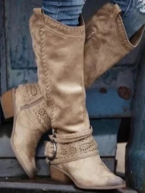 Anouk | Knee High Round Toe Boots with Buckle Strap and Zip