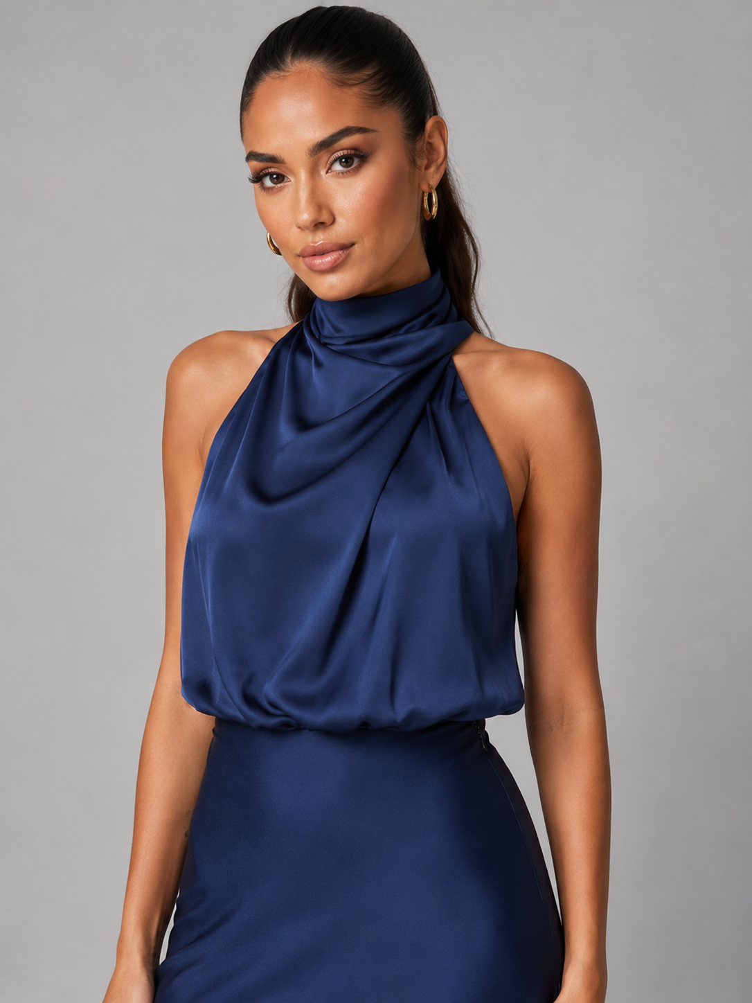 Satin Feel High Neck Midi Dress Wedding Guest