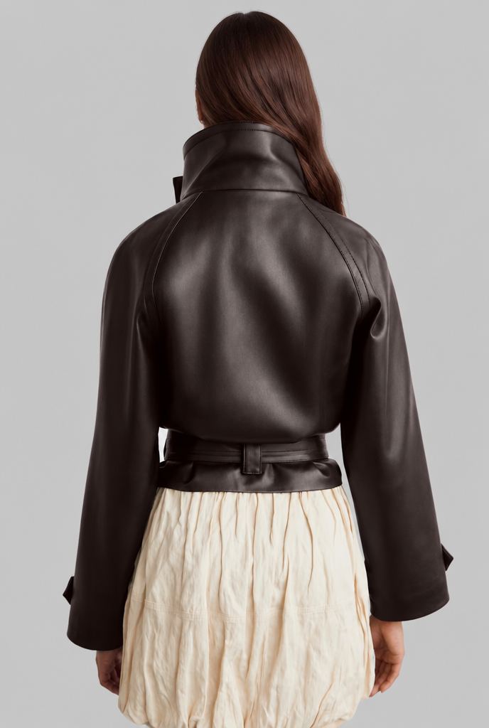 Camille | Cropped Leather Jacket with Belt