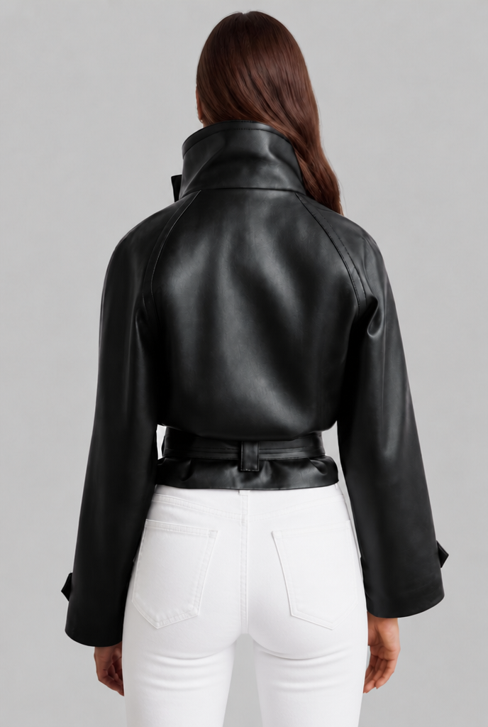 Camille | Cropped Leather Jacket with Belt
