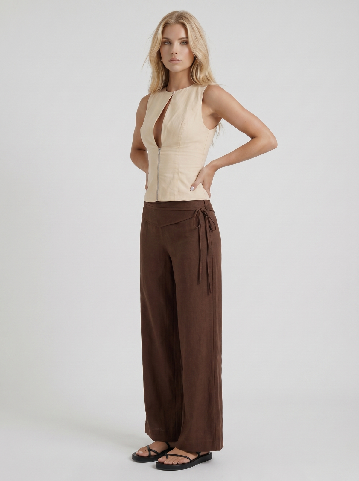 Brielle | High Waist Tie Waist Linen Pants Brown