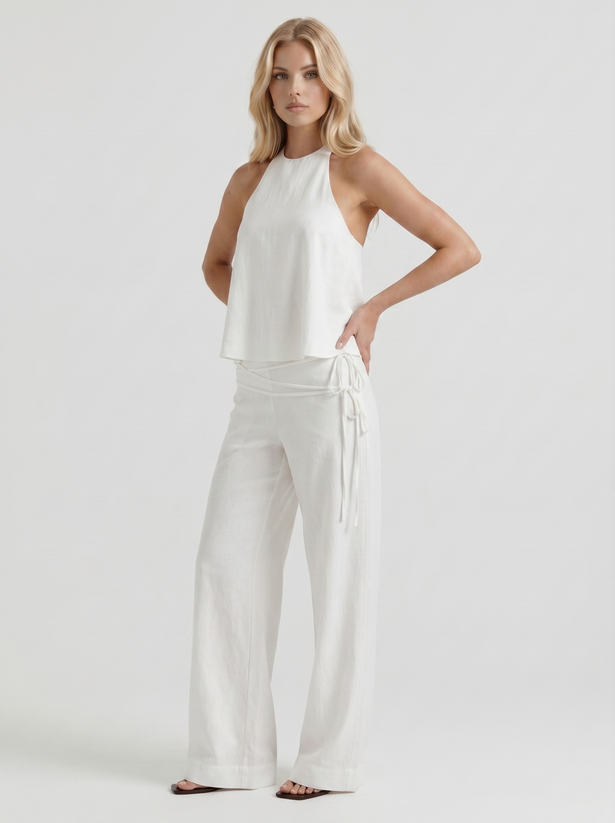 Brielle | High Waist Tie Waist Linen Pants White