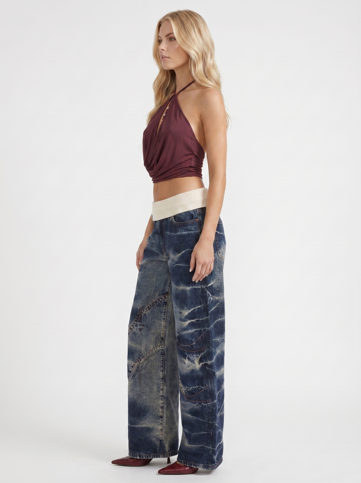 Eden | Fold Over Waist Baggy Jeans Dark Blue