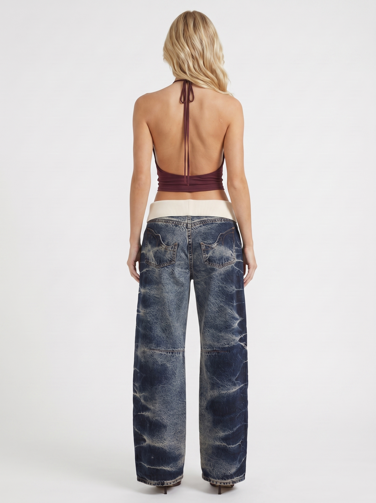 Eden | Fold Over Waist Baggy Jeans Dark Blue