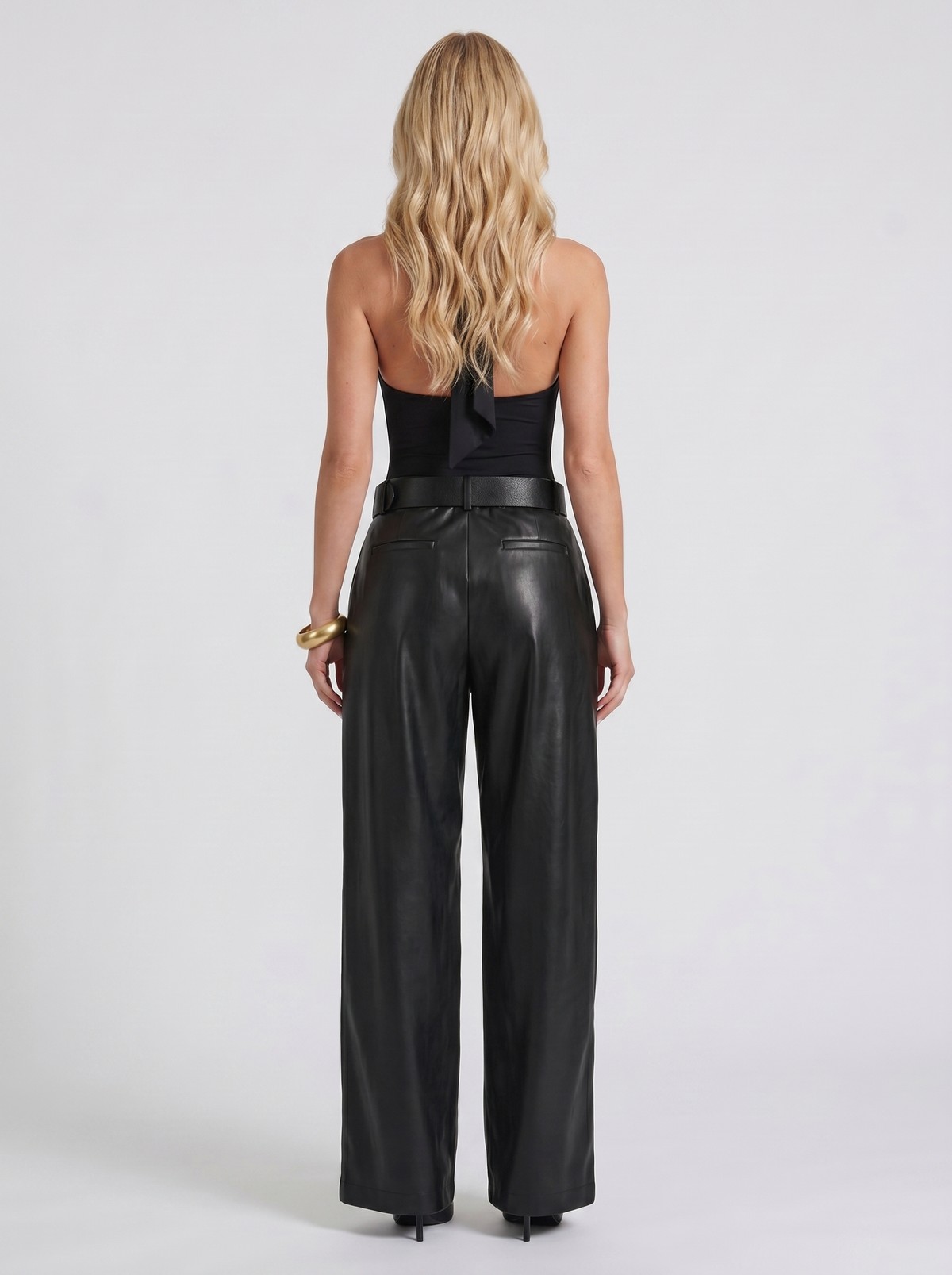 Gianna | Belted Wide Leg Faux Leather Pants Black
