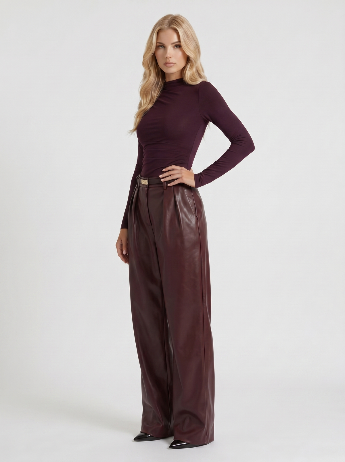 Gianna | Belted Wide Leg Faux Leather Pants Plum