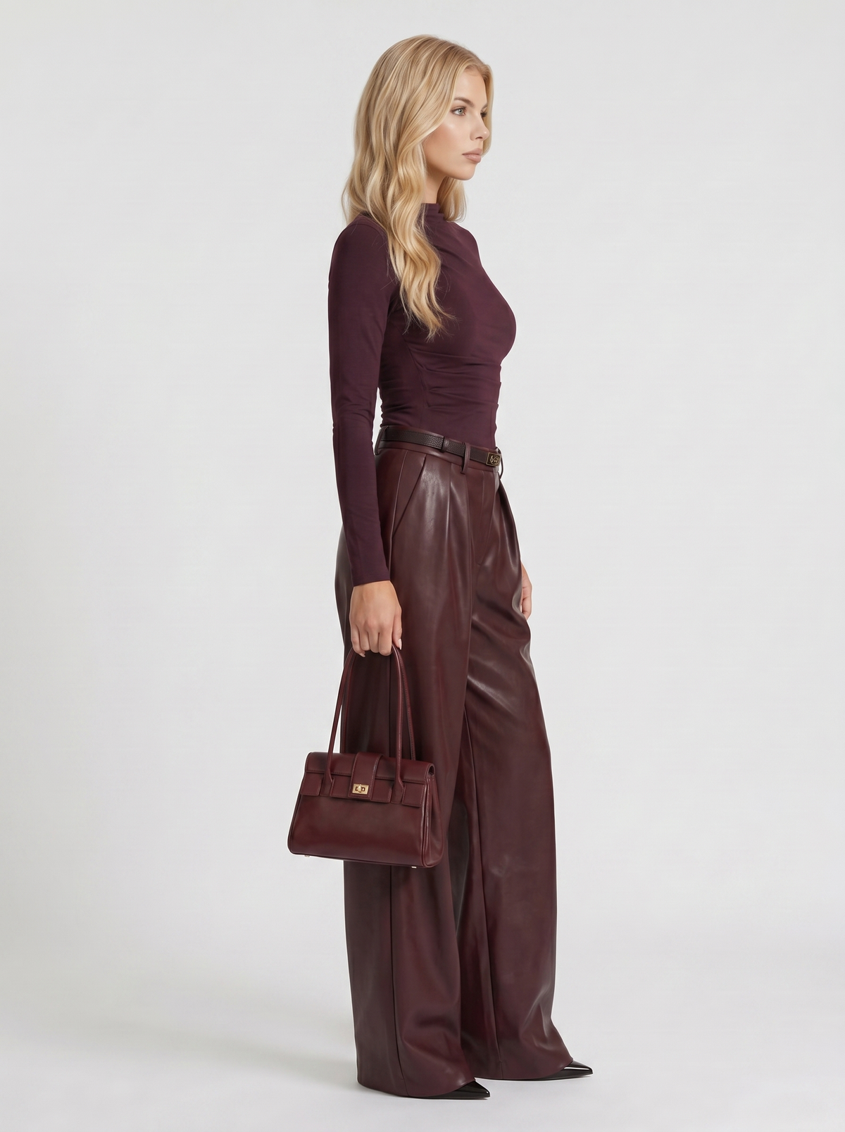 Gianna | Belted Wide Leg Faux Leather Pants Plum