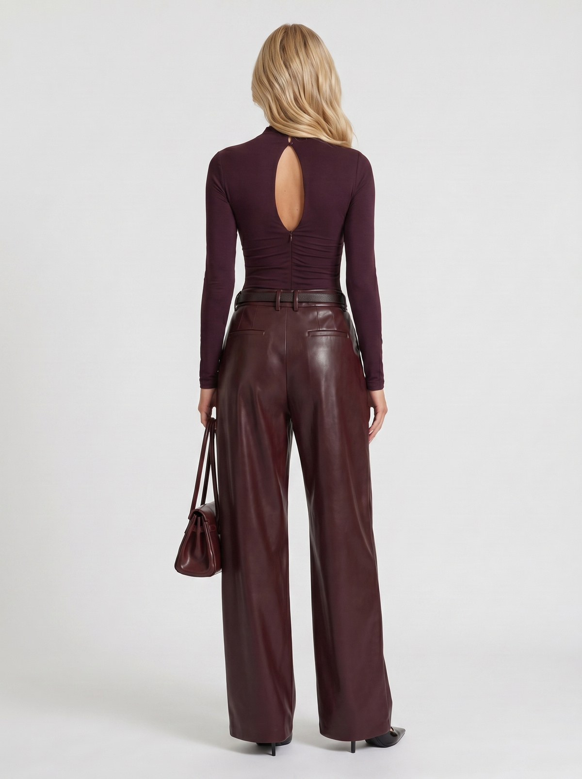 Gianna | Belted Wide Leg Faux Leather Pants Plum