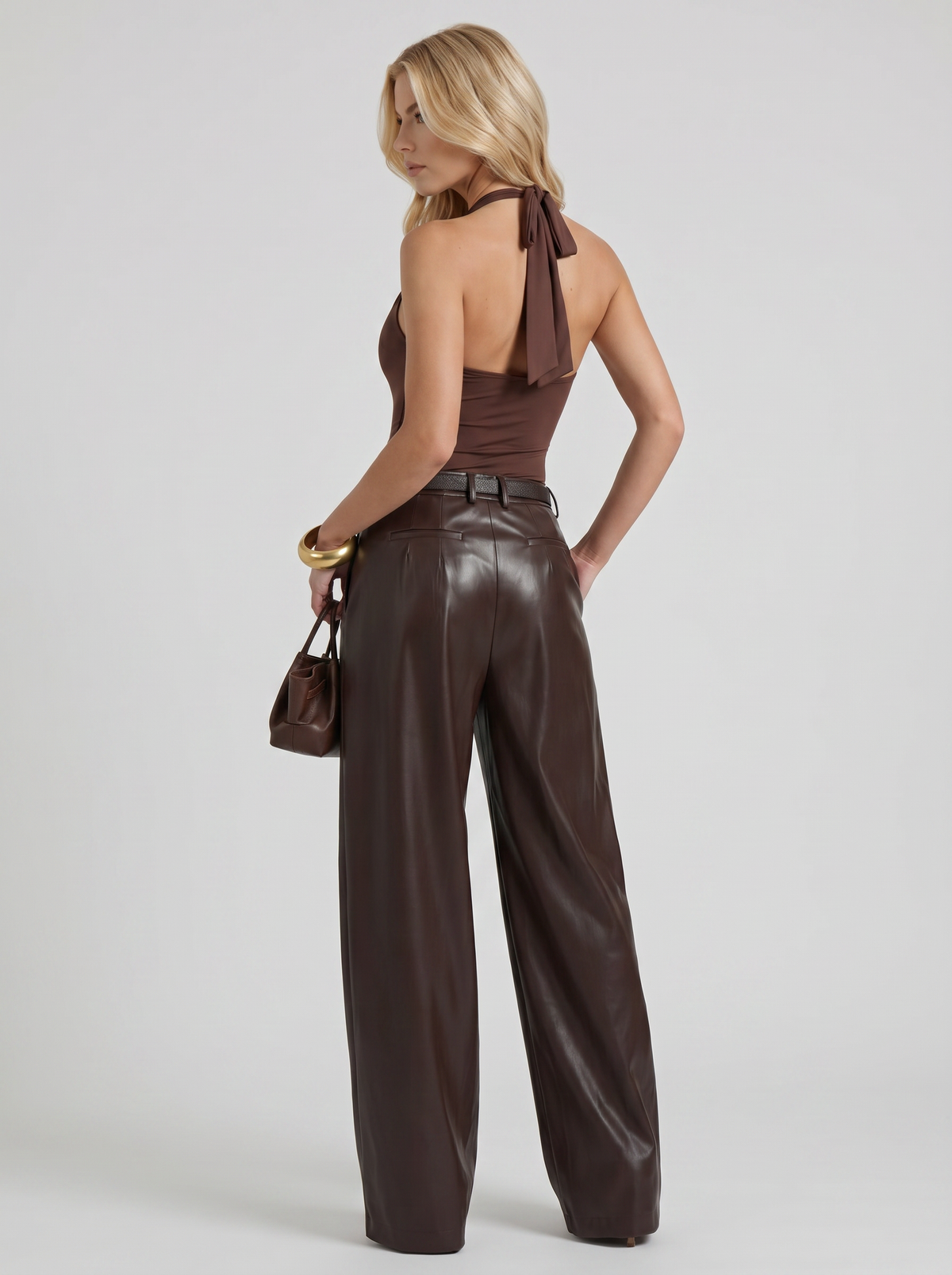 Gianna | Belted Wide Leg Faux Leather Pants Plum Brown