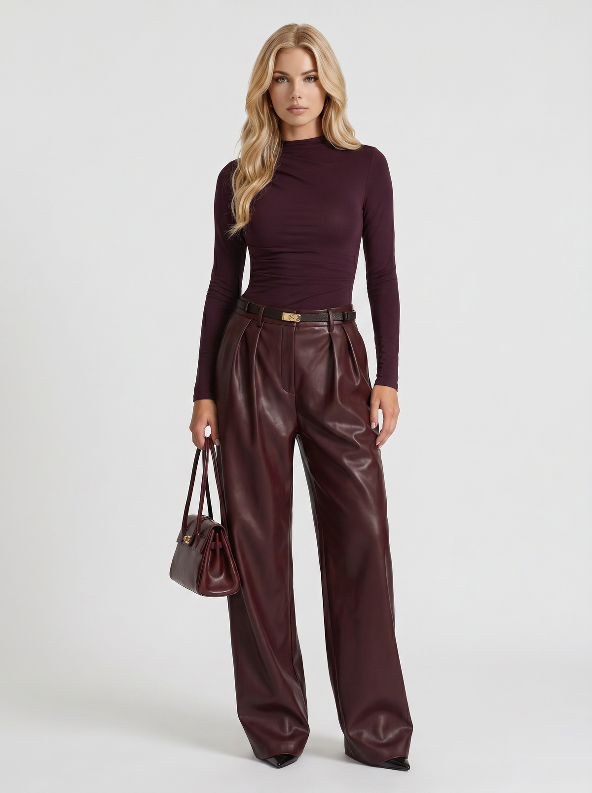 Gianna | Belted Wide Leg Faux Leather Pants Plum