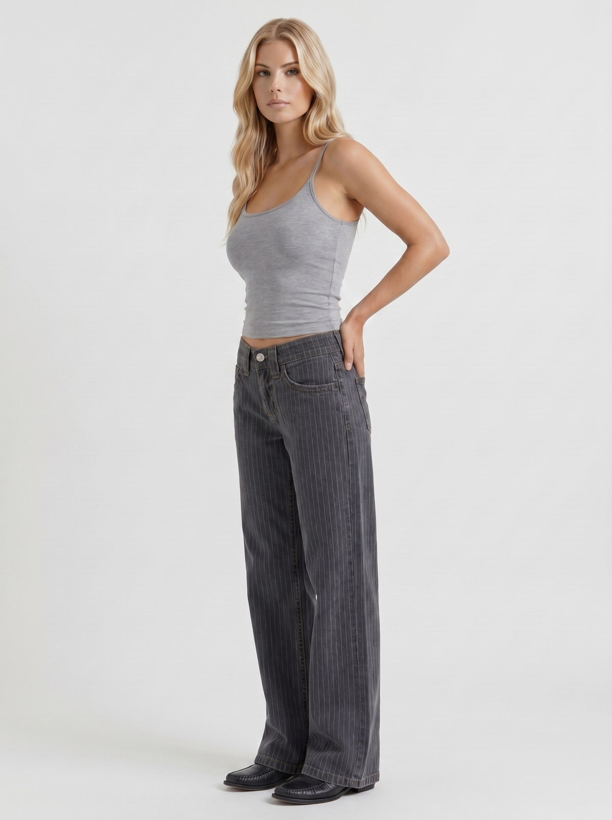 Romy | Pinstripe Wide Leg Jeans Charcoal Blue
