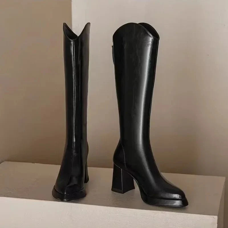 Lyra | Glossy Knee High Boots with Pointed Toe