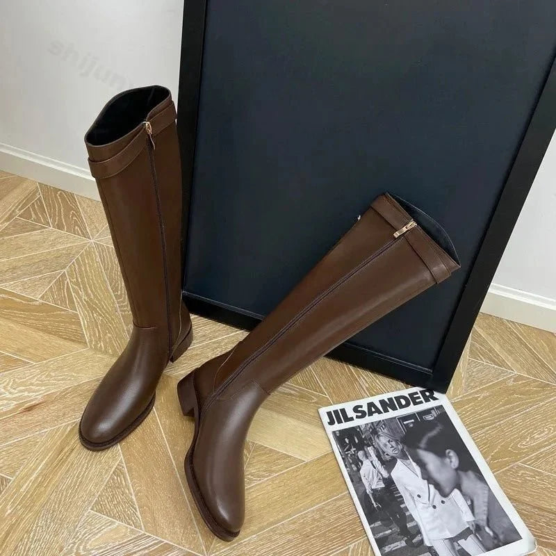Maliyah | Classic Knee High Leather Boots with Block Heel