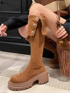 Cleo | Suede Knee High Biker Boots with Block Heel and Side Zip