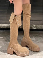 Cleo | Suede Knee High Biker Boots with Block Heel and Side Zip