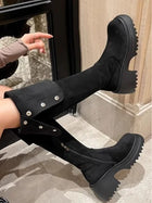 Cleo | Suede Knee High Biker Boots with Block Heel and Side Zip