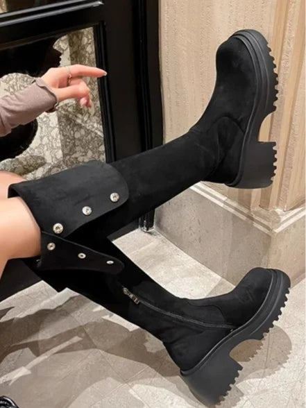 Cleo | Suede Knee High Biker Boots with Block Heel and Side Zip
