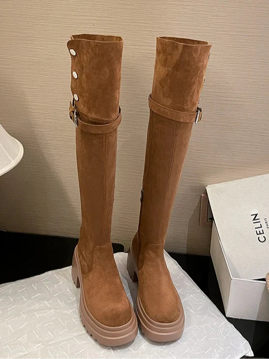 Cleo | Suede Knee High Biker Boots with Block Heel and Side Zip