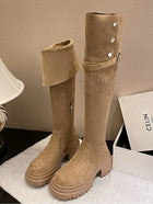 Cleo | Suede Knee High Biker Boots with Block Heel and Side Zip