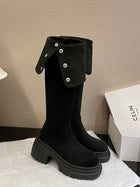 Cleo | Suede Knee High Biker Boots with Block Heel and Side Zip
