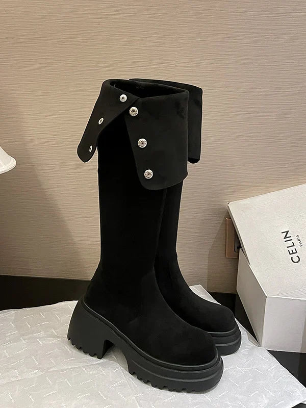 Cleo | Suede Knee High Biker Boots with Block Heel and Side Zip