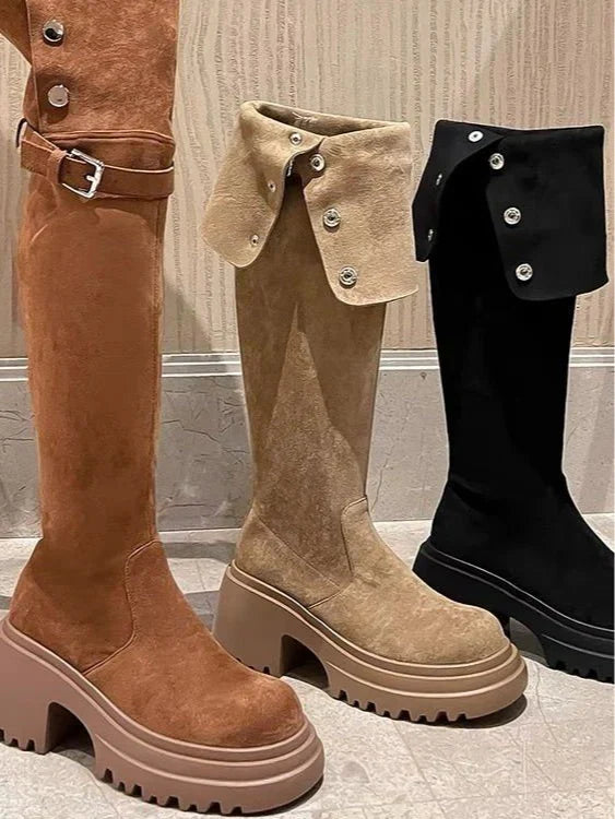 Cleo | Suede Knee High Biker Boots with Block Heel and Side Zip
