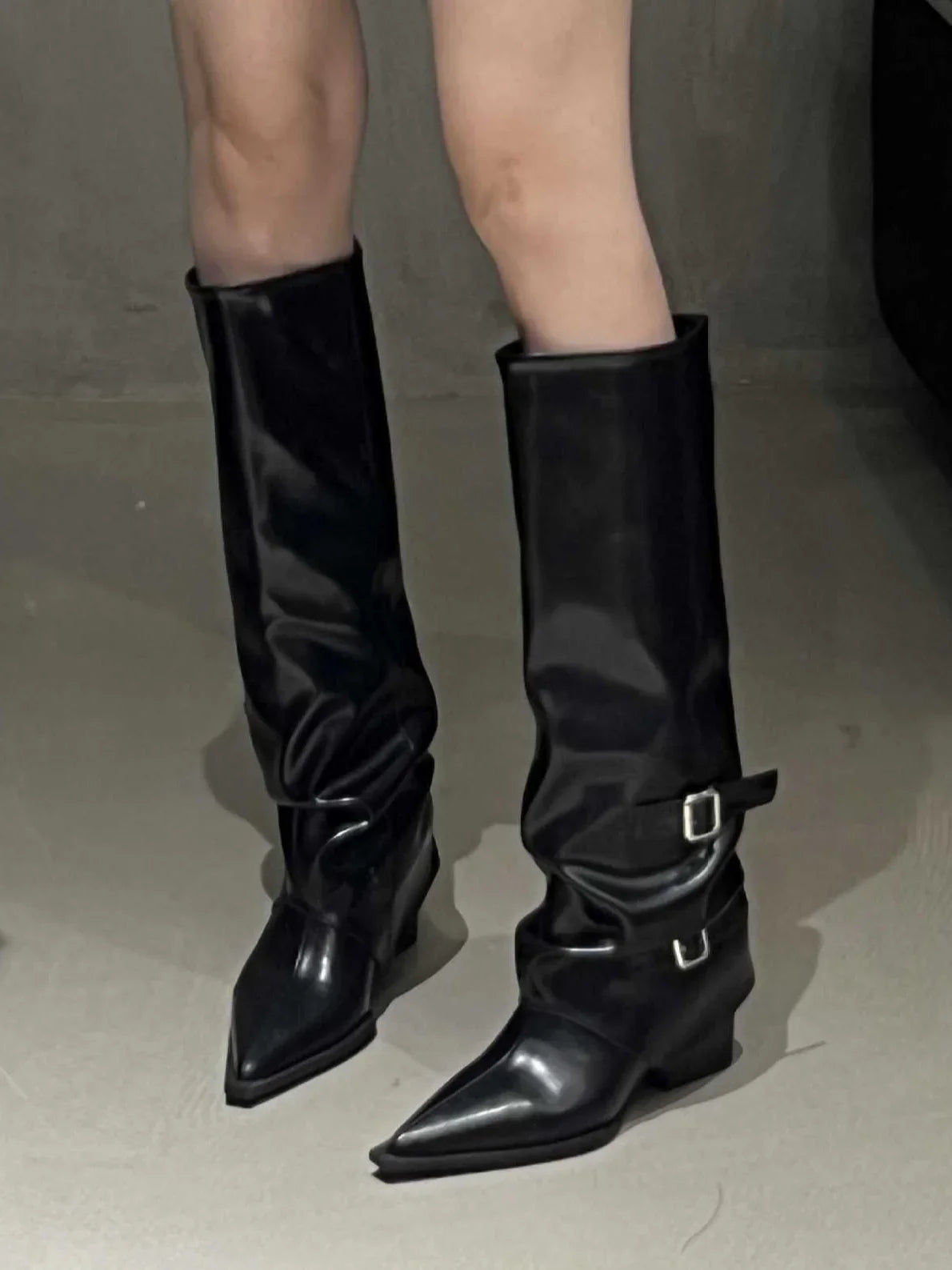 Sloane | Pointed Toe Biker Boots with Buckle and Block Heel
