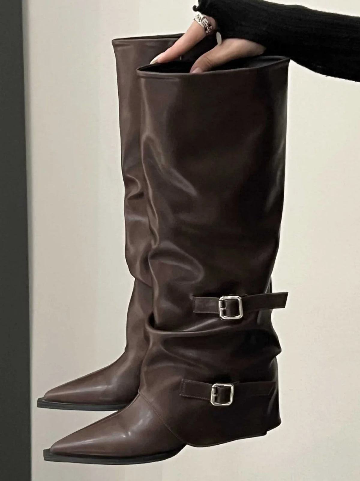 Sloane | Pointed Toe Biker Boots with Buckle and Block Heel