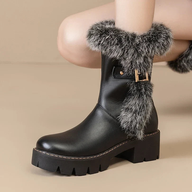 Noelle | Fur Trim Winter Ankle Boots with Buckle and Side Zip
