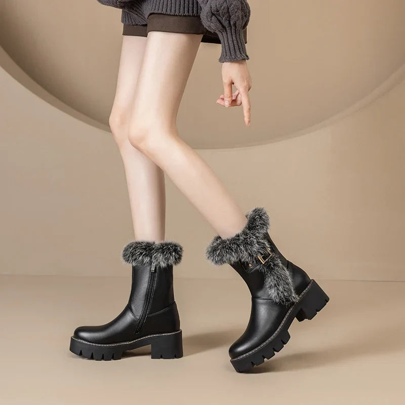 Noelle | Fur Trim Winter Ankle Boots with Buckle and Side Zip