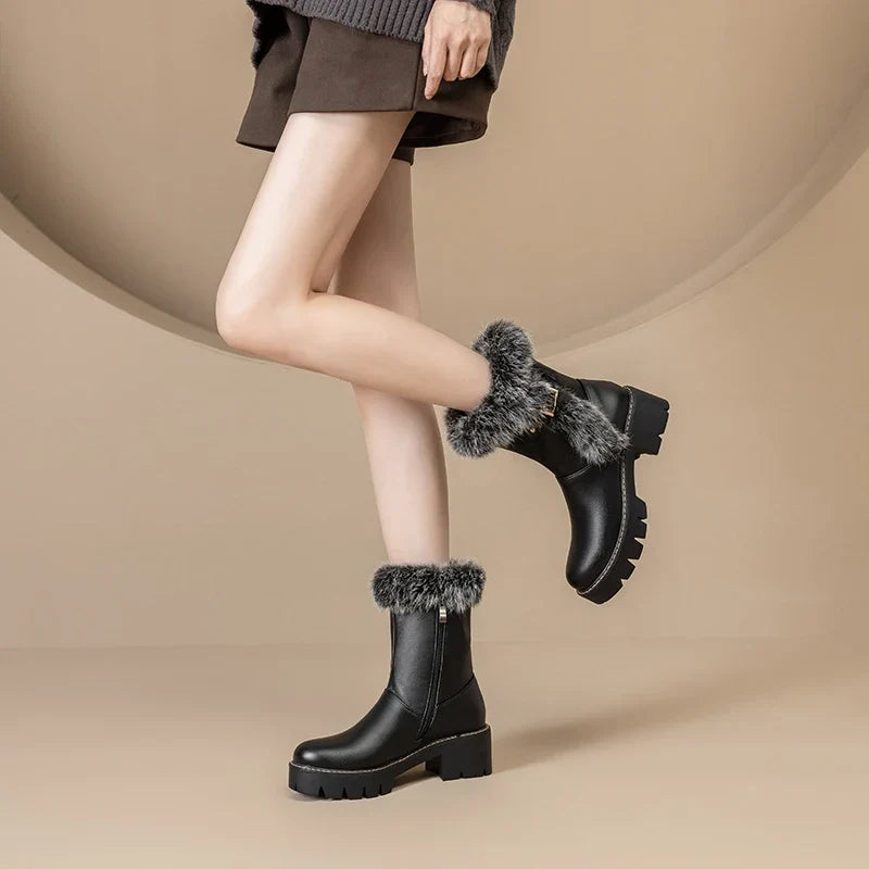 Noelle | Fur Trim Winter Ankle Boots with Buckle and Side Zip