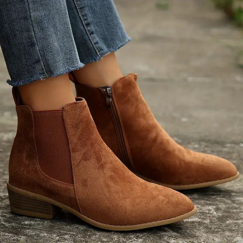 Aveline | Suede Ankle Chelsea Boots with Side Zip and Block Heel