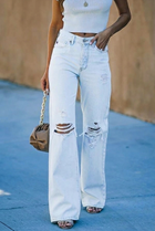 Women's Wide-Leg Jeans High-Waisted Distressed Knee
